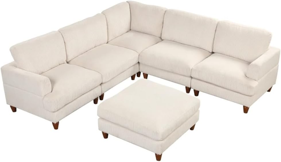 Modular Sectional Corduroy Fabric L Shaped Sofa with Ottoman Corner,Spacious Space