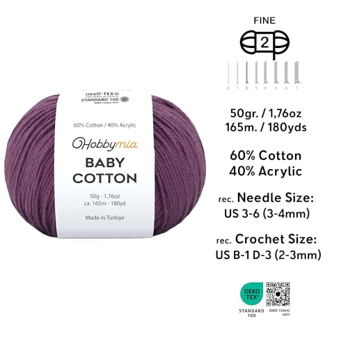 Image of Baby Cotton Blend Yarn - Soft Sport Weight Yarn for Crochet & Amigurumi - 50g /180yds - 60% Cotton 40% Acrylic - Ideal for Baby & Knitting Proj. & 10 Stitch Markers(Plum, 4 Balls)