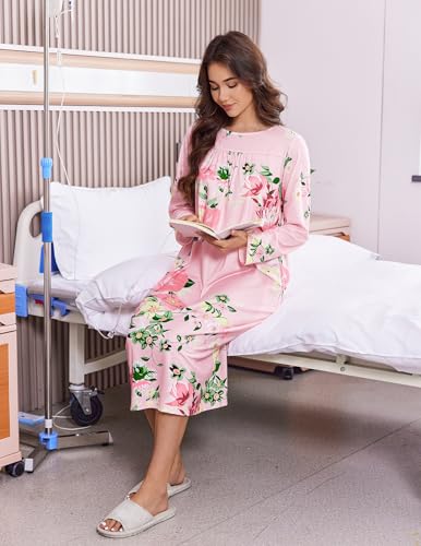 Deyeek Hospital Gowns for Women Open Back Post Surgery Tear Away Dress Long Sleeve Maternity Nightdress Adaptive Clothing with Pockets S