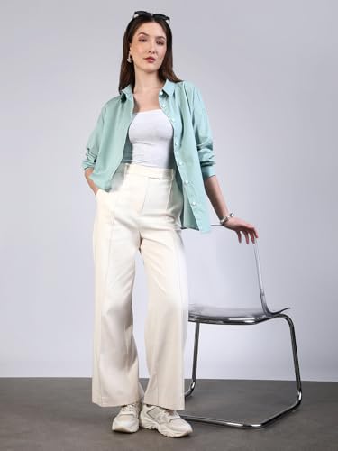Image of Urbano Fashion Women's Cotton Full Sleeve Oversized Fit Casual Solid Slub Shirt with Spread Collar