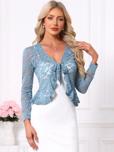 Image of Allegra K Bolero Shrug for Women's Lace Cardigan Tie Front Crop Ruffled Formal Dressy Wedding Shrugs