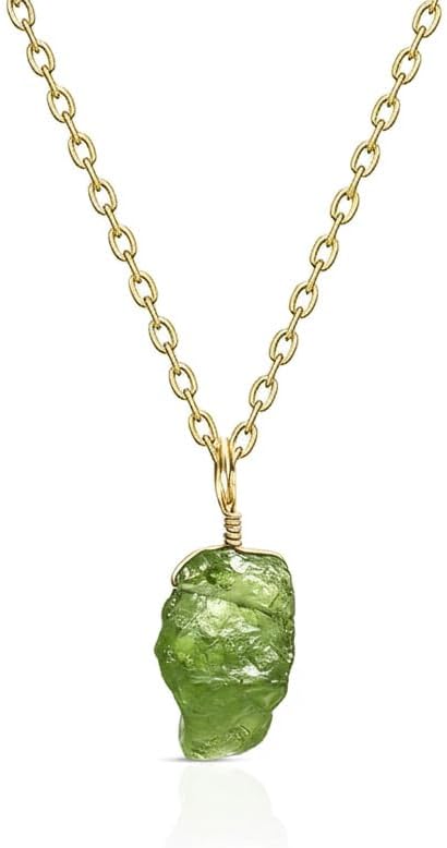 Natural Raw Gemstone Pendant Necklace for Women | German Silver 16+2 Inch Adjustable Chain | Minimalist Healing Crystal Jewelry Gift (Peridot)