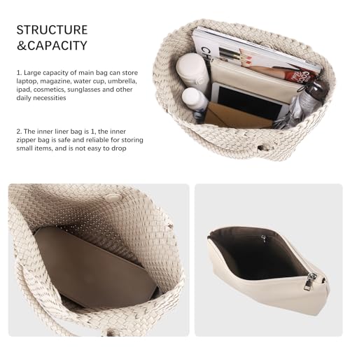 Image of Woven Tote Bag Womens Purse Vegan Leather Shoulder Handbags Fashion Summer Beach Tote Bags Large Travel Totes