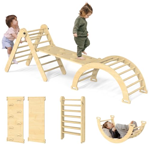 Image of Wanmwill Pikler Triangle Set, 5 in 1 Toddler Climbing Toys, Wooden Montessori Climbing Set with Foldable Ladder & Arch & Ramp, Baby Climber Jungle Gym, Kids Indoor Playground（Natural）