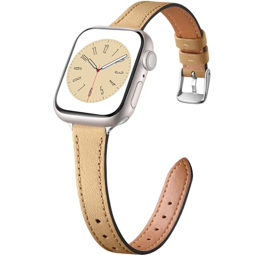 Charlam Compatible with Apple Watch Bands for Women 41mm 40mm 38mm 42mm 44mm 45mm 46mm,Top Grain Soft Leather Bands Slim Wristband for iWatch SE, iWatch Series 11 10 9 8 7 6 5 4 3 2 1,Limestone Brwon