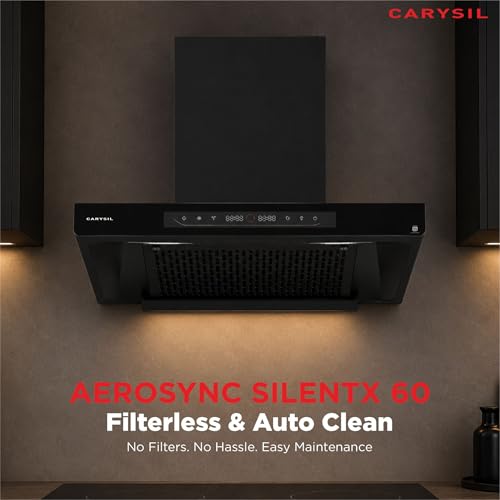 Image of Carysil AeroSync SilentX 60 cm BLDC Motor Kitchen Chimney, T-Shape, 1800 m /hr Suction, Auto-Clean Filterless, 9+ Turbo & Gesture Control, LED Lamp, 12-Year Warranty - Black