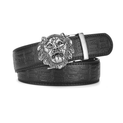 Men's Western Crocodile Pattern Belt Automatic Ratchet Buckles Engraved Lion Head Strap for Dress Casual Pants