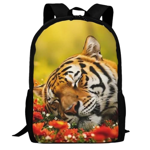 17 Inch Backpack for Sleeping Tiger in A Field of Flowers Lightweight Adjustable Animal Backpacks with Mesh Side Pockets for Travel Outdoor Sports