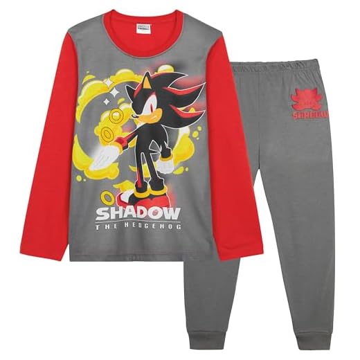 SONIC THE HEDGEHOG Shadow Pijama Niño Invierno de Manga Larga, Ropa de Dormir Pijama Chico de 2 Piezas - Regalos para Niños (Rojo/Gris Shadow, 7-8 Años)