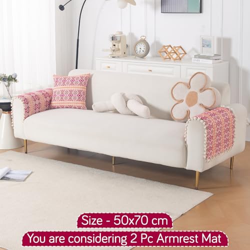 Image of HOKIPO Sofa Arm Cover with Tassel | 300 GSM Thick Cotton Acrylic Jacquard Armrest Mat, 50x70 cm, Pack of 2,'Trivana Series' Cherry Red (IN-931-J8*2)
