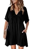 TIKSAWON Women's Casual Short Sleeve V Neck Tie Back Flowy Swing Empire Waist Shift Cute Summer Dress Black M