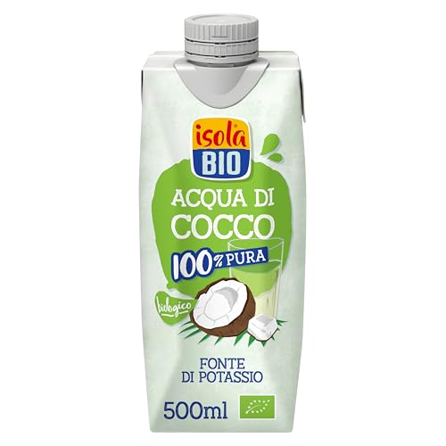 ISOLA BIO Acqua di Cocco Biologica 100% Pura, Fonte di Potassio, Senza Zuccheri Aggiunti, Senza Glutine, a Basso Contenuto di Grassi, per Vegetariani e Vegani, Confezione da 500 ml