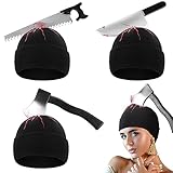 Suhine 3 Pcs Halloween Zombie Scary Knife Hat, Zombie Costume Accessories Horror Hat with Large Knife Axe Props Through Head Halloween Hat for Halloween (One Size, 3 Styles)