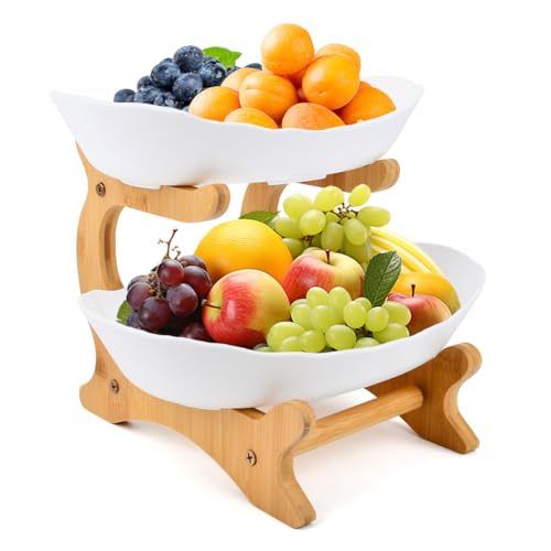 DODUOS Fruteros de Cocina Modernos Frutero 2 Pisos Blanco, Frutero de Cesta de Frutas de 2 Niveles con Pararse Bambú para Decoración de Cocina, Aperitivo, Verduras, Frutas