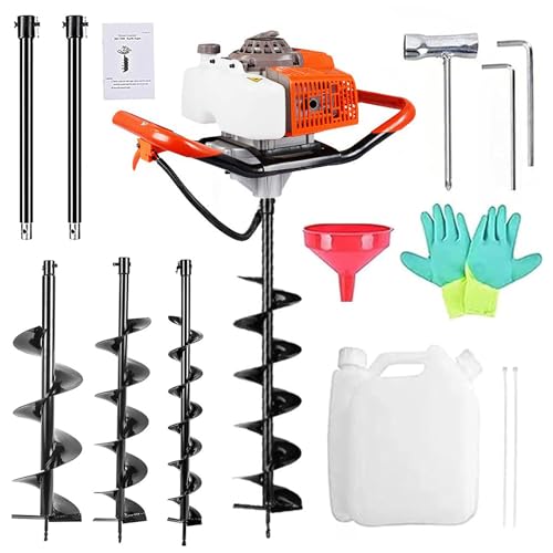 Jwevvie 72cc Post Hole Digger, 2200W Post Hole Digger, Gas Powered Earth Auger Digger with Three Drill Bit 4\" & 8\" & 12\" and Two Extension Rods 24\" 24\" for Fence, Farmland, Garden and Plant
