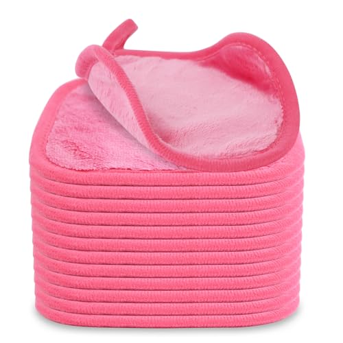 Puomue Makeup Remover Cloth 12 Pack, Ultra Soft and Reusable Microfiber Makeup Remover Towels for All Skin Types, Perfect Face Towels for Women, 6 Inch X 6 Inch, Rose Red