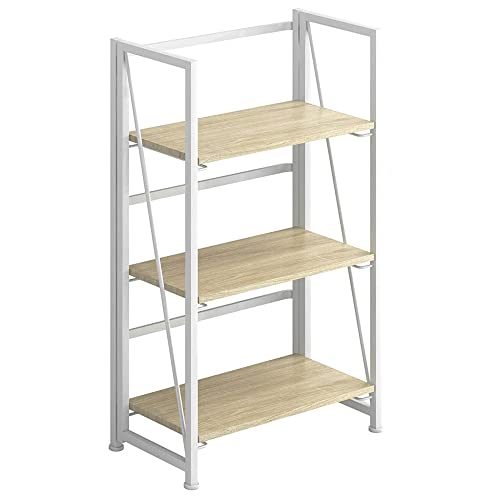 4NM No-Assembly Folding Bookshelf Storage Shelves 3 Tiers Vintage Bookcase Standing Racks Study Organizer Home Office (Natural and White)