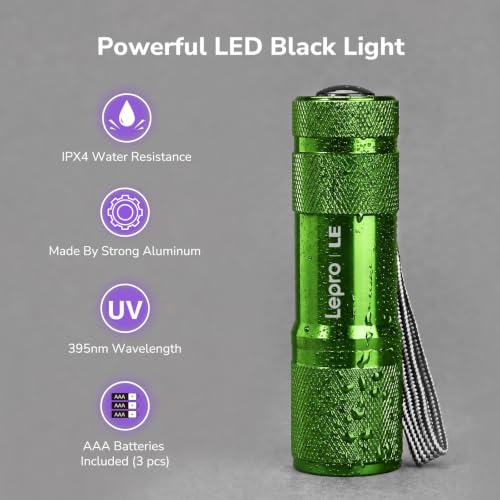 Image of Lepro 365nm UV Flashlight, Small Portable Black Light Detector for Invisible Ink Pens, Dog Cat Pet Urine Stain, AAA Batteries Included