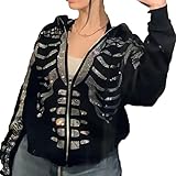 Women Men Oversized Zip Up Hoodie Sweatshirt Rhinestone Skeleton Sweatshirt Loose Fit Aesthetic Hoodies(Black-1,Small)
