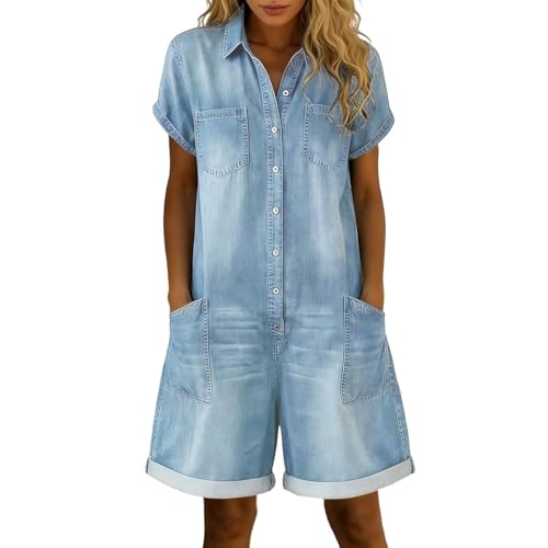Combinaison-chemise femme en denim délavé fluide avec poche pour un style décontracté au quotidien