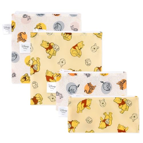 Bumkins - Cloth Snack & Sandwich Bags - For Storage, Travel, Food Prep, Lunch - Reusable, Water Resistant, Washable, Dishwasher Safe - Snack Bags for Kids - Zipper Closure - Winnie the Pooh - 4 Pack