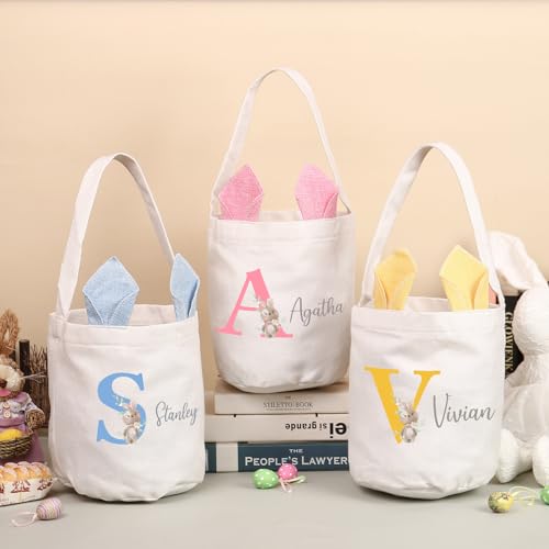 Personalized Easter Basket for Girls Boys - Custom Initials & Name & Photo Easter Bucket for Kids Customized Bunny Easter Baskets Empty for Carrying Gift Easter Eggs Party Bag (Style 2)