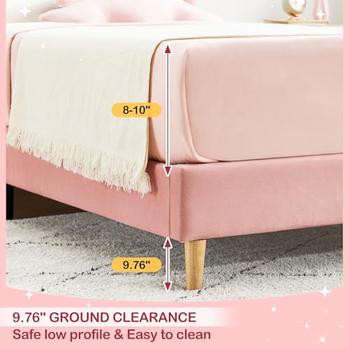 GarveeHome Twin Bed Frame, Velvet Upholstered Platform Bed with Wave Headboard for Girls/Kids, Easy Assembly, Wooden Slats Support, No Box Spring Needed, Pink