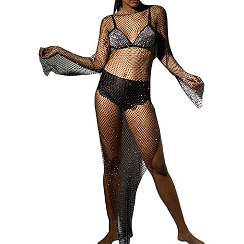 Sexy Women's Sheer Mesh Pearl Rhinestone Cover Up Dress Beach Swimwear Bikini Bathing Suit Coverups (Long Dress# Black, XS) Cover