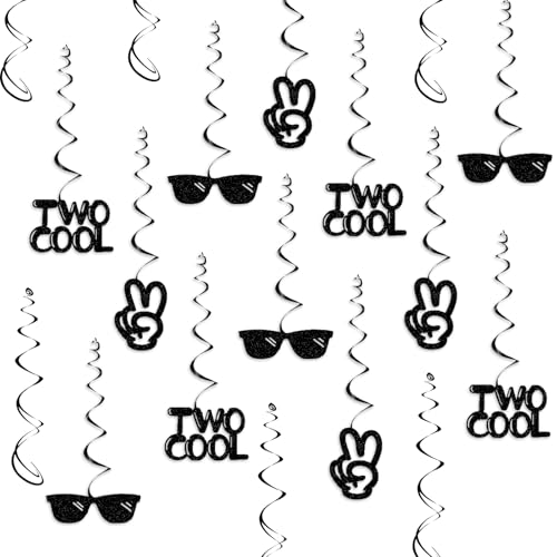 Two Coo Birthday Decorations for Boys Black Glitter Two Cool 2nd Birthday Hanging Swirls 2 Years Old Party Decorations Supplies