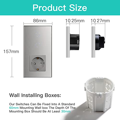 BSEED Touch Lichtschalter mit Steckdose 2 Fach 1 Weg Wandschalter mit LED Anzeige Unterputz Touchscreen-schalter mit Glasrahmen 157mm Grau 500W(Nicht Smart Schalter)