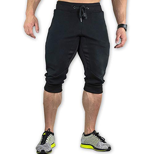 Ysento Men's Casual Cotton Shorts 3/4 Jogger Capri Cropped Pants Below Knee Shorts With Pockets Black Size 38 #TOP1