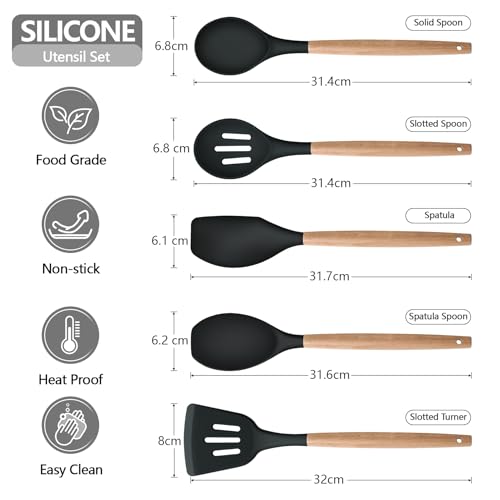 5Pcs Kitchen Utensil Set, Homikit Silicone Cooking Utensils with Wood Handle, Heat Proof Spatula Turner Spoon Set for Non-Stick Cookware, Healthy & Easy Clean, Black - Image 3