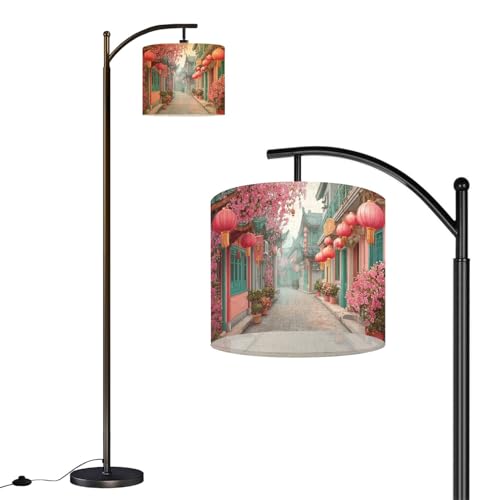RAINFALLARING Floor Lamp Charming Pink Lantern Street Tranquil Eastern Village Arc Floor Lamp with Remote Modern Dimmable Standing Lamps for Living Room Bedroom Office Home Room Decor
