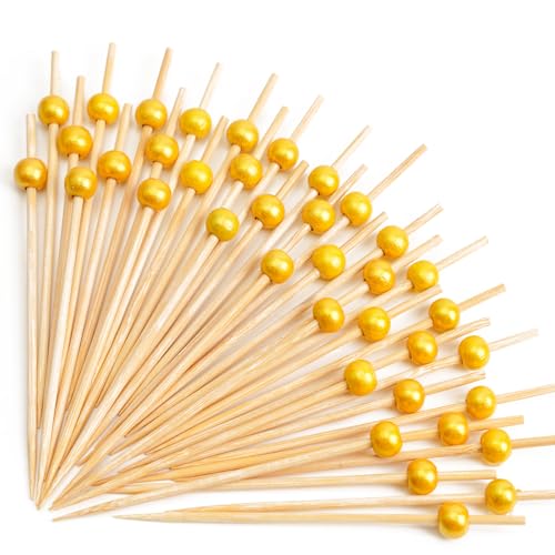 PuTwo Cocktail Picks Handmade Bamboo Appetizer Toothpicks 100 Counts 4.7” Yellow Pearls