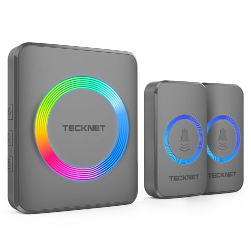 TECKNET Kabellose Türklingel mit 2 Tasten & 1 Empfänger, IP65 wasserdichte Türklingeln für Zuhause, 396 m Reichweite, 60 Melodien & 5 Lautstärkestufen von 0-120 dB, RGB-Licht für Hörgeschädigte