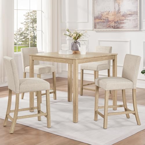 Harper & Bright Designs 5-Piece Counter Height Table Set with 4 Chairs Wooden Light Oak Kitchen Dining Set for Small Spaces Modern Square Counter Height Table and Upholstered Stools for Dining Room
