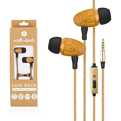 Earth-Budz Wood Earbuds — Hand-Crafted Sustainable Bamboo Wood Earbuds with Microphone and a Natural Hemp Cord Lightweight, Noise-Isolating Earphones Wood for Cell Phones and Laptops, Laid Back Cover