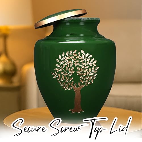 Image of Cremation Urns for Human Ashes Adult - Handcrafted Metal Funeral Urn with Tree Engraving & Velvet Carry Bag, Secure Screw Lid Memorial Burial Urn 11 Inches Height x 7 Inches Width (Green & Gold)