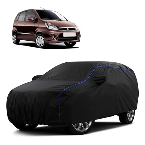 Image of Sulfar 100% Water Resistant Car Body Cover Compatible with Mirror for Maruti Suzuki Zen Estilo (Triple Stitched, Full Bottom Elastic, Black Tafetta with Blue Piping)