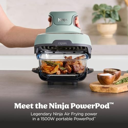 Ninja Crispi 4-in-1 Portable Glass Air Fryer Cooking System, 4-Qt Air Fryer & 6-Cup Containers, Stone Finish &ndash; Bake, Roast, Reheat & Air Fry (Sage Green)