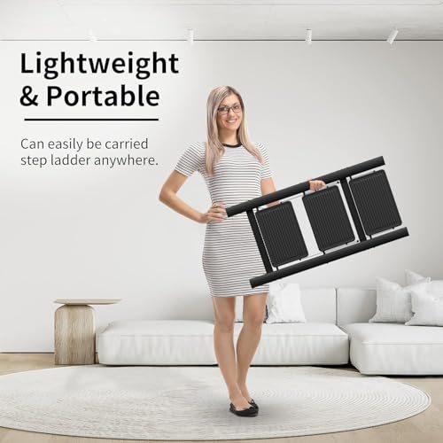 Image of SOLADDER Step Ladder 3 Step Folding, Small Step Stool for Adults, Portable Anti-Slip Iron Stepladder with Wide Pedals for Home and Kitchen Use, Space Saving - Black (300 lbs)
