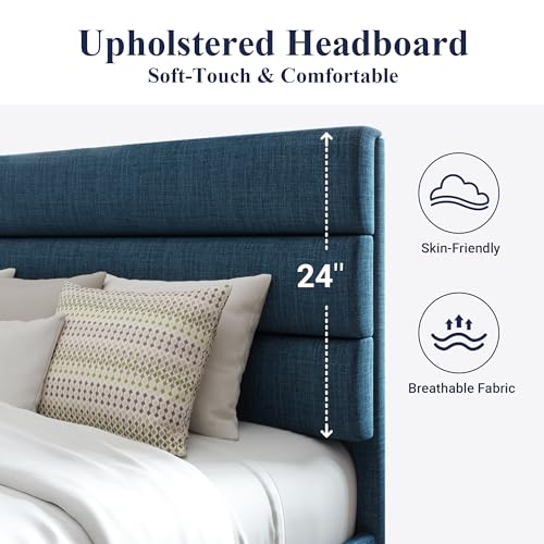 Allewie King Size Platform Bed Frame with Fabric Upholstered Headboard and Wooden Slats Support, Fully Upholstered Mattress Foundation/No Box Spring Needed/Easy Assembly, Navy Blue