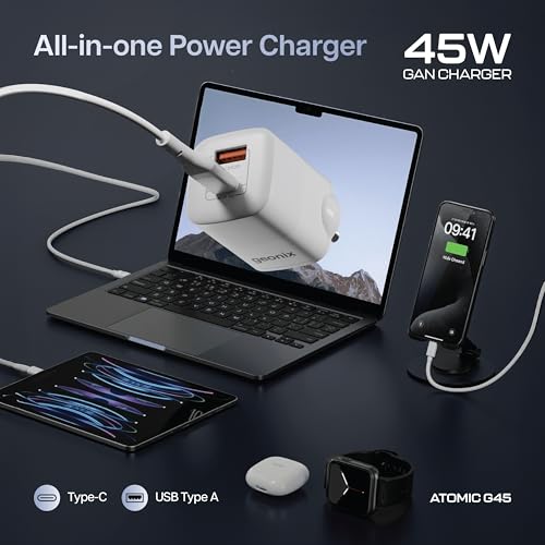 Image of Geonix Atomic G45, Gan Chrger, 45W GaN Charger | Dual Port USB & Type-C Fast Charging Adapter for iPhone 16-11 Series, iPad, Android Phones, Laptop, Tablet, Power Bank (White)