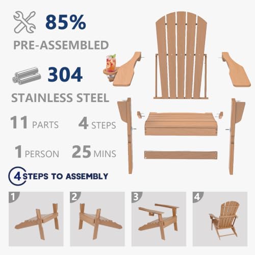 Image of Plawdlik Folding Adirondack Chair 9-piece Set, Cup Holder, Teak | pin-free folding, 38-in tall back, Wood-grain All-weather HDPE; for fire pit, poolside, deck, backyard, patio