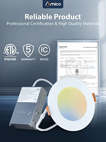 Amico 12 Pack 4 Inch 5Cct Ultra-Thin Led Recessed Ceiling Light With Junction Box, 2700K/3000K/3500K/4000K/5000K Selectable, 11W Eqv 70W, Dimmable Can Light, 800Lm High Brightness Downlight - Etl&Fcc #TOP5