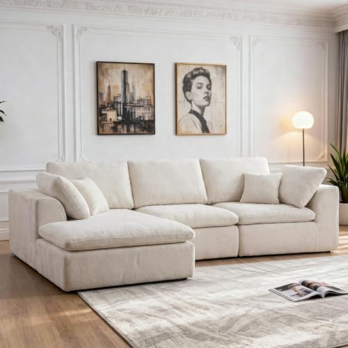 Wiageot Boneless Sectional with Chaise, 110" L-Shaped Cloud Couch for Living Room, Deep Seat Chenille Floor Sofa, Frameless Modular Lounge Set (Beige, Left Facing Chaise)