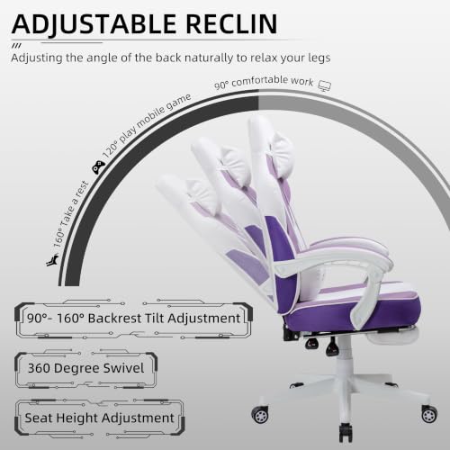 Image of Gaming Chair Ergonomic Computer Gaming Chairs with Footrest, Massage Lumbar Support, Height Adjustment, and 360 Swivel Seat (Purple)