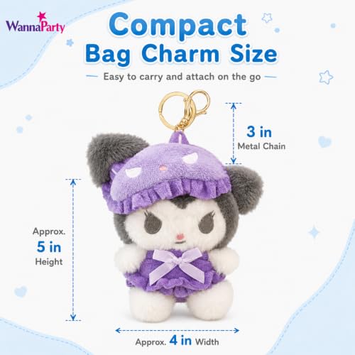 Image of Wanna Party Cute Kawaii Plush Keychain, Soft Black & White Character Bag Charm with Purple Outfit