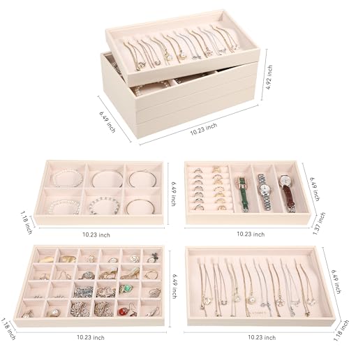 LANDICI Stackable Jewelry Organizer Trays 4 Set,PU Leather Jewelry Organizer Drawer,Jewelry Storage Display Tray for Earring Necklace Rings Bracelet with Removable Dividers,Apricot4