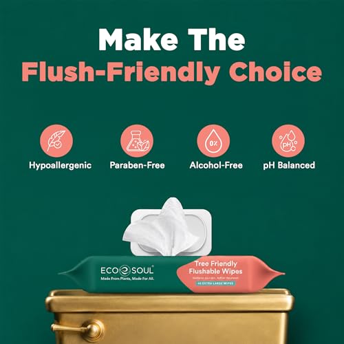 Image of ECO SOUL [Pack of 2, 96 Count] Flushable Extra-Large Adult Wipes-Mint | Eco-Friendly Compostable| 99% Purified Water, Hypoallergenic,Soft Wipes, BPA